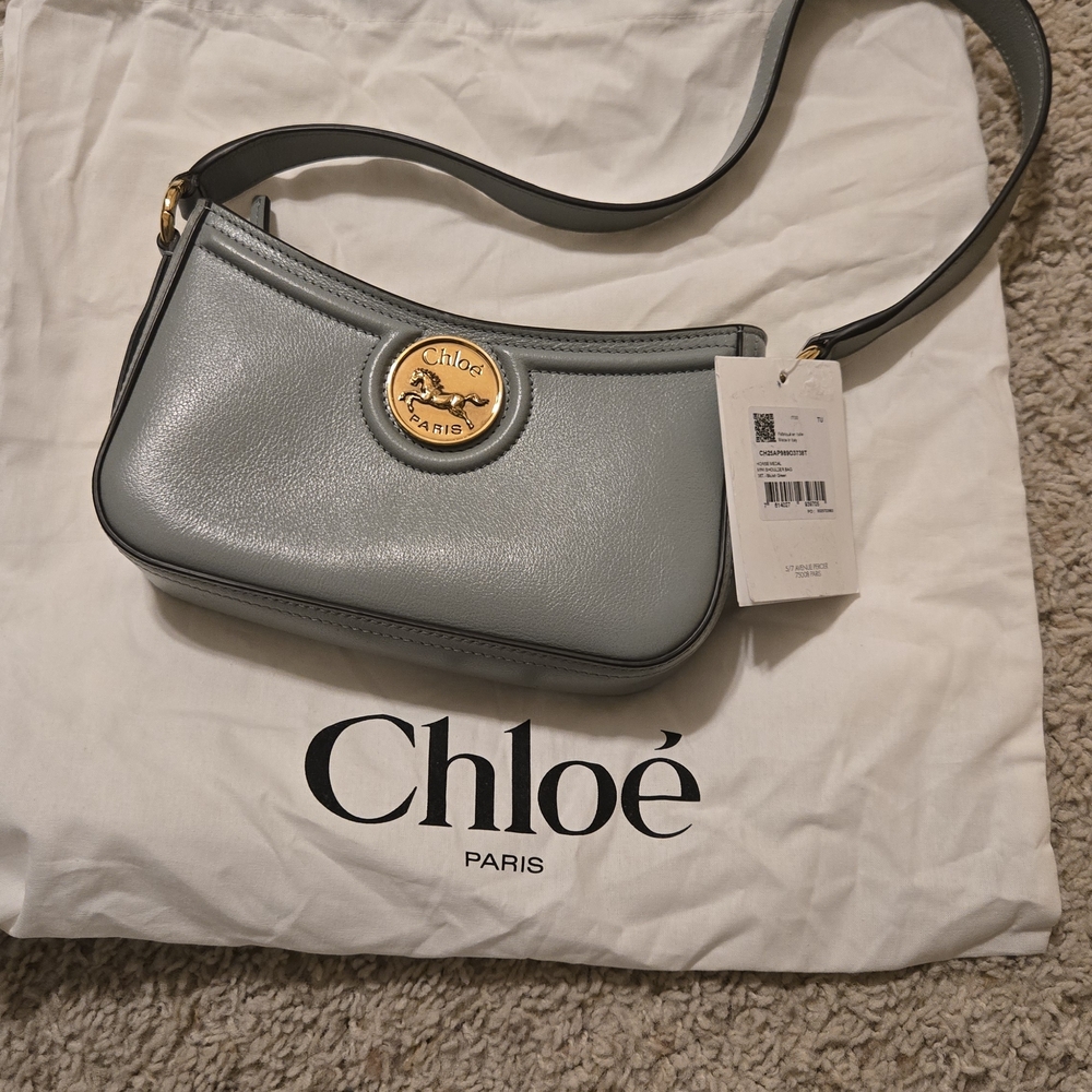 Chloe Dusty Blue Leather Shoulder Bag with Gold Emblem
